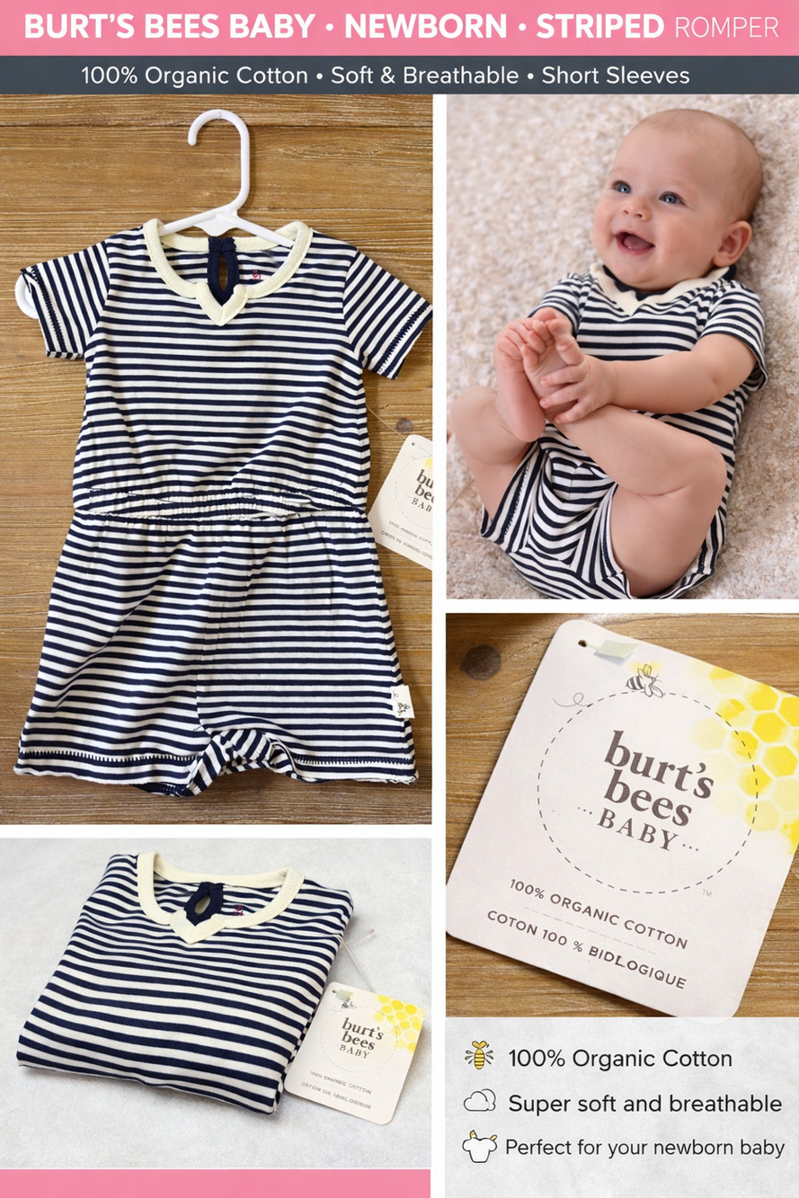 Burt’s Bees Baby Newborn Striped Romper – 100% Organic Cotton